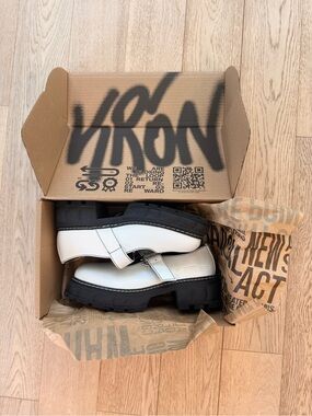 Chunky White Leather Mary Jane Flats with Black Lug Sole